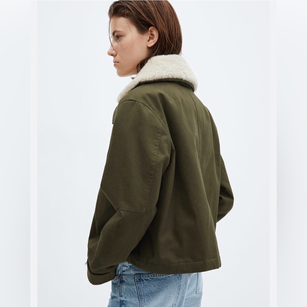 Mango Oversized Khaki Parka Faux Fur Collar Jacket NWT Small - Picture 3 of 14